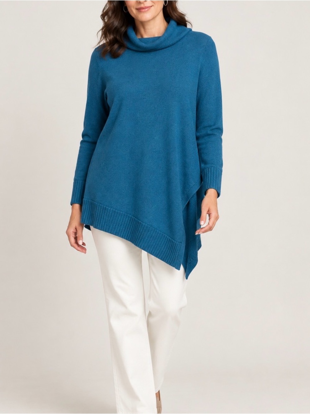 Eileen Fisher Blue Cowl-Neck Tunic Sweater 100% Merino Wool